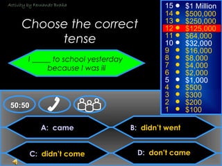 © Mark E. Damon - All Rights Reserved
A: came
C: didn’t come
B: didn’t went
D: don’t came
50:50
15
14
13
12
11
10
9
8
7
6
5
4
3
2
1
$1 Million
$500,000
$250,000
$125,000
$64,000
$32,000
$16,000
$8,000
$4,000
$2,000
$1,000
$500
$300
$200
$100
Choose the correct
tense
I _____ to school yesterday
because I was ill
Activity by Fernando Braña
 