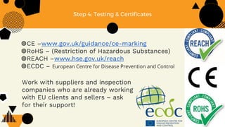 Step 4: Testing & Certificates
◍CE –www.gov.uk/guidance/ce-marking
◍RoHS – (Restriction of Hazardous Substances)
◍REACH –www.hse.gov.uk/reach
◍ECDC – European Centre for Disease Prevention and Control
Work with suppliers and inspection
companies who are already working
with EU clients and sellers – ask
for their support!
 
