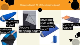 Sleeping Bags!!! All of the sleeping bags!!!
Double
sleeping bags?
Envelope
style with
drawstring
hood?
Contrasting
colors?
Mummy
Style?
Additional
features?
 
