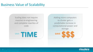 Business Value of Scalability


        Scaling does not require    Adding more computers
         massive re-engineering         to cluster gets a
        and complete rewrites of     predictable increase in
                  code             computational power and
                                             storage

         SAVE                        SAVE




7
 