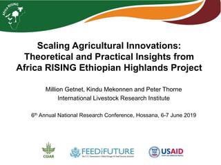 Scaling Agricultural Innovations:
Theoretical and Practical Insights from
Africa RISING Ethiopian Highlands Project
Million Getnet, Kindu Mekonnen and Peter Thorne
International Livestock Research Institute
6th Annual National Research Conference, Hossana, 6-7 June 2019
 