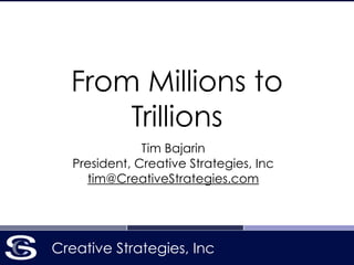 Creative Strategies, Inc
From Millions to
Trillions
Tim Bajarin
President, Creative Strategies, Inc
tim@CreativeStrategies.com
 