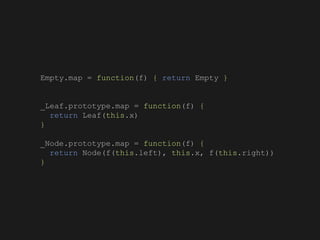 Empty.map = function(f) { return Empty }
_Leaf.prototype.map = function(f) {
return Leaf(this.x)
}
_Node.prototype.map = function(f) {
return Node(f(this.left), this.x, f(this.right))
}
 