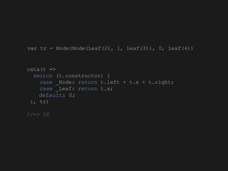 cata(t =>
switch (t.constructor) {
case _Node: return t.left + t.x + t.right;
case _Leaf: return t.x;
default: 0;
}, tr)
//=> 10
var tr = Node(Node(Leaf(2), 1, Leaf(3)), 0, Leaf(4))
 