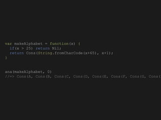 var makeAlphabet = function(x) {
if(x > 25) return Nil;
return Cons(String.fromCharCode(x+65), x+1);
}
ana(makeAlphabet, 0)
//=> Cons(A, Cons(B, Cons(C, Cons(D, Cons(E, Cons(F, Cons(G, Cons(H
 