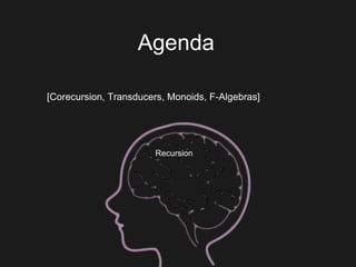 Agenda
[Corecursion, Transducers, Monoids, F-Algebras]
Recursion
 