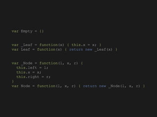 var Empty = {}
var _Leaf = function(x) { this.x = x; }
var Leaf = function(x) { return new _Leaf(x) }
var _Node = function(l, x, r) {
this.left = l;
this.x = x;
this.right = r;
}
var Node = function(l, x, r) { return new _Node(l, x, r) }
 