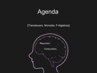 Agenda
[Transducers, Monoids, F-Algebras]
Recursion
Corecursion
 