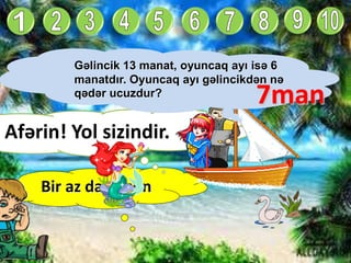 Bir az da düşün
Afərin! Yol sizindir.
Gəlincik 13 manat, oyuncaq ayı isə 6
manatdır. Oyuncaq ayı gəlincikdən nə
qədər ucuzdur?
7man
 
