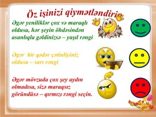 Əgər yeniliklər çox və maraqlı
oldusa, hər şeyin öhdəsindən
asanlıqla gəldinizsə – yaşıl rəngi
Əgər bir qədər çətinliyiniz
oldusa – sarı rəngi
Əgər mövzuda çox şey aydın
olmadısa, sizə maraqsız
göründüsə – qırmızı rəngi seçin.
 