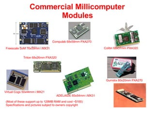 Commercial Millicomputer Modules Gumstix 80x20mm PXA270 Colibri 68x37mm PXA320 Freescale SoM 76x59mm i.MX31 Triton 68x26mm...