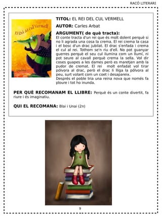 9
TITOL: EL REI DEL CUL VERMELL
AUTOR: Carles Arbat
ARGUMENT( de què tracta):
El conte tracta d'un rei que és molt dolent perquè si
no li agrada una cosa la crema. El rei crema la casa
i el bosc d'un drac jubilat. El drac s'enfada i crema
el cul al rei. Tothom se'n riu d'ell. No pot guanyar
guerres perquè el seu cul ilumina com un llumí, ni
pot seure al cavall perquè crema la sella. Vol dir
coses guapes a les dames però es maretjen amb la
pudor de cremat. El rei molt enfadat vol tirar
pólvora al drac, però el drac li lliga la pólvora al
peu, surt volant com un coet i desapareix.
Després el poble tria una reina nova que només fa
ploure i tot ho inunda.
PER QUÈ RECOMANAM EL LLIBRE: Perquè és un conte divertit, fa
riure i és imaginatiu.
QUI EL RECOMANA: Blai i Unai (2n)
RACÓ LITERARI
 