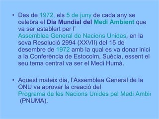 Des de  1972 ,  els  5 de juny  de cada any se celebra el  Dia Mundial del  Medi Ambient  que va ser establert per l’ Assemblea General de Nacions Unides , en la seva Resolució 2994 (XXVII) del 15 de desembre de  1972  amb la qual es va donar inici a la Conferència de Estocolm, Suècia, essent el seu tema central va ser el Medi Humà. Aquest mateix dia, l’Assemblea General de la ONU va aprovar la creació del  Programa de les Nacions Unides pel Medi Ambient  (PNUMA). 