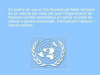 Es podria dir que el Dia Mundial del Medi Ambient és un vehicle per mitja del qual l’Organització de Nacions Unides sensibilitza a l’opinió mundial en relació a temes ambientals, intensificant l’atenció i l’acció política. 
