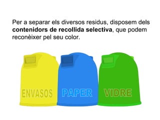 VIDRE ENVASOS PAPER Per a separar els diversos residus, disposem dels  contenidors de recollida selectiva , que podem reconèixer pel seu color.  