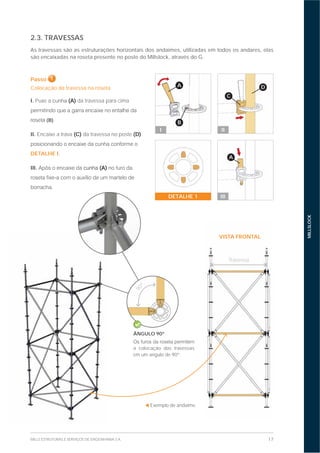 17MILLS ESTRUTURAS E SERVIÇOS DE ENGENHARIA S.A.
MILLSLOCK
2.3. TRAVESSAS
As travessas são as estruturações horizontais dos andaimes, utilizadas em todos os andares, elas
são encaixadas na roseta presente no poste do Millslock, através do G.
Passo 1
Colocação da travessa na roseta
I. Puxe a (A) da travessa para cima
roseta (B).
II. Encaixe a trava (C) da travessa no poste (D)
DETALHE I.
III. (A)
90º
ÂNGULO 90º
a colocação das travessas
em um angulo de 90º.
Exemplo de andaime.
VISTA FRONTAL
Travessa
A
B
I
D
C
II
A
IIIDETALHE 1
 