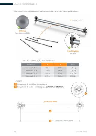 MANUAL DE UTILIZAÇÃO | MILLSLOCK
18 www.mills.com.br
As Travessas estão disponíveis em diversas dimensões de acordo com o quadro abaixo.
A
B COMPRIMENTO NOMINAL
VISTA SUPERIOR
TABELA 2 – MODULAÇÃO DAS TRAVESSAS
Modulação A B Peso
Travessa 1,05 m 1,00 m 1,05 m 4,72 kg
Travessa 1,80 m 1,75 m 1,80 m 7,90 kg
Travessa 2,10 m 2,05 m 2,10 m 9,07 kg
Travessa 2,40 m 2,35 m 2,40 m 10,25 kg
LEGENDA
A Comprimento de face a face interna do poste
B Comprimento de centro a centro do poste (COMPRIMENTO NOMINAL)
Travessa 1,05 m
TABELA 2 – MODULAÇÃO DAS TRAVESSAS
Travessa 1,05 m
B
G DA TRAVESSA
MATERIAL
Travessa em aço Q235
 