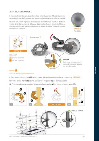19MILLS ESTRUTURAS E SERVIÇOS DE ENGENHARIA S.A.
MILLSLOCK
2.3.1. ROSETA MÓVEL
-
-
rosetas móveis, que são posicionadas na altura desejada no poste, para o
encaixe das travessas.
Passo 2
Colocação da travessa na roseta
I. Para abrir a roseta móvel (B), puxe a (A) DETALHE I;
II. Com a roseta móvel (B) aberta, posicione-a no poste (C) na altura desejada;
III. (A) da roseta móvel no poste (C).
I II III
sas.
DETALHE I
Roseta móvel
ROSETA MÓVEL
DETALHE 1
Encaixe diagonais
Encaixe travessas
LEGENDA
B
A
C
AC
B
CUNHA
Para travar a roseta móvel é
MATERIAL
 