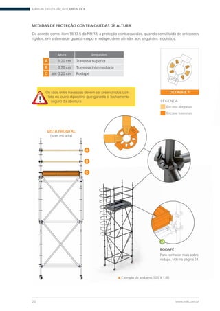 MANUAL DE UTILIZAÇÃO | MILLSLOCK
20 www.mills.com.br
MEDIDAS DE PROTEÇÃO CONTRA QUEDAS DE ALTURA
De acordo com o item 18.13.5 da NR-18, a proteção contra quedas, quando constituída de anteparos
rígidos, em sistema de guarda-corpo e rodapé, deve atender aos seguintes requisitos:
Altura Requisitos
A 1,20 cm Travessa superior
B 0,70 cm Travessa intermediária
C até 0,20 cm Rodapé
A
B
C
VISTA FRONTAL
(sem escada)
Exemplo de andaime 1,05 X 1,80.
seguro da abertura.
RODAPÉ
rodapé, vide na página 34.
DETALHE 1
Encaixe diagonais
Encaixe travessas
LEGENDA
 