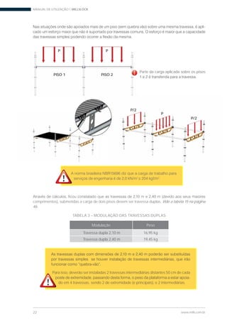 MANUAL DE UTILIZAÇÃO | MILLSLOCK
22 www.mills.com.br
TABELA 3 – MODULAÇÃO DAS TRAVESSAS DUPLAS
Modulação Peso
Travessa dupla 2,10 m 16,95 kg
Travessa dupla 2,40 m 19,45 kg
Para isso, deverão ser instaladas 2 travessas intermediárias distantes 50 cm de cada
-
do em 4 travessas, sendo 2 de extremidade (e principais), e 2 intermediárias.
2 2
.
-
comprimentos), submetidas a carga de dois pisos devem ser travessa duplas. Vide a tabela 15 na página
46.
PISO 1 PISO 2
Parte da carga aplicada sobre os pisos!!!!!!!!!!!!!!!!!!!!!!!!!!!!!!!!!!!!!!!!!!!!!!!!!!!!!!!!!!!!!!!!!!!!!!!!!!!!!!!!!!!!!!!!!!!!
P P
P
P/2
P/2
 