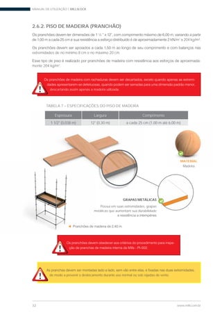 MANUAL DE UTILIZAÇÃO | MILLSLOCK
32 www.mills.com.br
-
descartando assim apenas a madeira utilizada.
2.6.2. PISO DE MADEIRA (PRANCHÃO)
2
204 kg/m².
extremidades de no mínimo 8 cm e no máximo 20 cm.
-
mente 204 kg/m2
.
TABELA 7 – ESPECIFICAÇÕES DO PISO DE MADEIRA
Espessura Largura Comprimento
1 1/2" (0,038 m) 12" (0,30 m) a cada 25 cm (1,00 m até 6,00 m)
Espessura Largura C
1 1/2" (0,038 m) 12" (0,30 m) a cada 25 c é 6,00 m)
MATERIAL
Madeira
de modo a prevenir o deslocamento durante uso normal ou sob rajadas de vento.
-
GRAPAS METÁLICAS
Possui em suas extremidades, grapas
metálicas que aumentam sua durabilidade
 