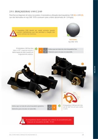 39MILLS ESTRUTURAS E SERVIÇOS DE ENGENHARIA S.A.
MILLSLOCK
inspeção de braçadeiras da Mills - PI-001.
2.9.1. BRAÇADEIRAS 1/49 E 2/49
1/49 (A) e 2/49 (B),
que
BA
MATERIAL
.
tubos verticais nas travessas.
MILLSLOCK
inspeção de braçadeiras da Mills - PI-001.
BA
360°
-
ção de 360º de um tubo contra
o outro.
tubos a 90º, reage por torção à
engastamento elástico.
A
1
49 Diâmetro para encaixe no tubomills.
Indica que se trata de uma braçadeira giratória. 2
B
Diâmetro para encaixe no tubomills. 49
 