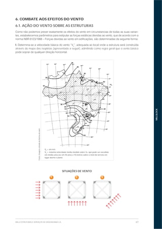 47MILLS ESTRUTURAS E SERVIÇOS DE ENGENHARIA S.A.
MILLSLOCK
6. COMBATE AOS EFEITOS DO VENTO
6.1. AÇÃO DO VENTO SOBRE AS ESTRUTURAS
-
I. 0
através do mapa das isopletas (apresentado a seguir), admitindo como regra geral que o vento básico
V0
= em m/s
V0
= máxima velocidade média medido sobre 3s, que pode ser excedida
em média uma vez em 50 anos a 10 metros sobre o nível do terreno em
lugar aberto e plano
Fonte:ImagemretiradadaNormadaABNT.
SITUAÇÕES DE VENTO
1 2 3
 