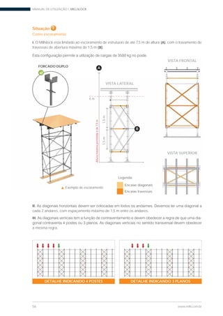 MANUAL DE UTILIZAÇÃO | MILLSLOCK
56 www.mills.com.br
II.
cada 2 andares, com espaçamento máximo de 1,5 m entre os andares.
III. -
a mesma regra.
DETALHE INDICANDO 4 POSTES DETALHE INDICANDO 3 PLANOS
Situação 2
Como escoramento
I. O Millslock esta limitado ao escoramento de estruturas de até 7,5 m de altura (A), com o travamento de
travessas de abertura máxima de 1,5 m (B).
VISTA FRONTAL
VISTA SUPERIOR
Legenda:
Encaixe diagonais
Encaixe travessas
Exemplo de escoramento
FORCADO DUPLO
VISTA SUP
VISTA LATERAL
Alturamáximapermitidaéde7,5m
A
B
4 m
1,5m1,5m
 