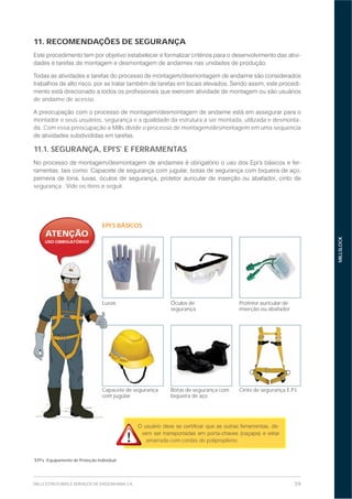 59MILLS ESTRUTURAS E SERVIÇOS DE ENGENHARIA S.A.
MILLSLOCK
EPI'S BÁSICOS
Luvas
Capacete de segurança
com jugular
Óculos de
segurança
Botas de segurança com
biqueira de aço
Cinto de segurança E.P.I.
Protetor auricular de
inserção ou abafador
11. RECOMENDAÇÕES DE SEGURANÇA
-
-
de andaime de acesso.
montador e seus usuários, segurança e a qualidade da estrutura a ser montada, utilizada e desmonta-
da. Com essa preocupação a Mills divide o processo de montagem/desmontagem em uma sequencia
11.1. SEGURANÇA, EPI'S*
E FERRAMENTAS
-
segurança . Vide os itens a seguir.
*
EPI's -Equipamento de Proteção Individual
Lu
Ca
co
ATENÇÃO
USO OBRIGATÓRIO!
-
amarrada com cordas de polipropileno.
 