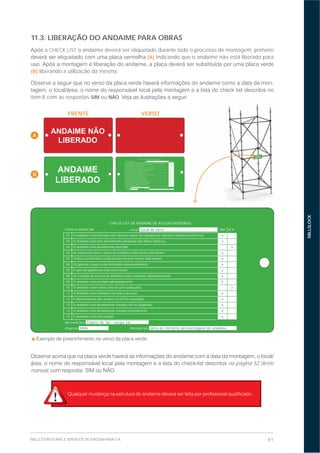 61MILLS ESTRUTURAS E SERVIÇOS DE ENGENHARIA S.A.
MILLSLOCK
na página 52 deste
manual
11.3. LIBERAÇÃO DO ANDAIME PARA OBRAS
CHECK LIST o andaime deverá ser etiquetado durante todo o processo de montagem, primeiro
(A) indicando que o andaime não está liberado para
(B) liberando a utilização da mesma.
-
item 8 com as respostas SIM ou NÃO
CHECK LIST DE ANDAIME DE ACESSO MONTADO
ITENS A VERIFICAR: Local: Local da obra SIM N.A.
01. O andaime está montado sem obstruir saídas de emergência: válvulas/ hidrantes/extintores x
02. O andaime está com afastamento adequado das linhas elétricas x
03. O andaime está devidamente aterrado x
04. As sobras de tubos e pisos no andaime estão dentro dos limites x
05. Todos os pranchões estão presos em pelo menos dois pontos x
06. Os guarda-corpos estão montados adequadamente x
07. O piso da plataforma está sem frestas x
08. As escadas de acesso ao andaime estão montadas adequadamente x
09. O andaime esta nivelado adequadamente x
10. O andaime sobre rodas está em piso adequado x
11. O andaime está montado com placa de base x
12. A altura máxima dos andares (2,00) foi respeitada x
13. O andaime está devidamente travado com as diagonais x
14. O andaime está devidamente travado externamente x
15. O andaime está com rodapé x
Aprovado por: Fulano de tal - cargo tal
Empresa: Mills Montado em: data do término da montagem do andaime
CHECK LIST DE ANDAIME DE ACESSO MONTADO
ITENS A VERIFICAR: Local: Local da obra SIM N.A.
01. O andaime está montado sem obstruir saídas de emergência: válvulas/ hidrantes/extintores x
02. O andaime está com afastamento adequado das linhas elétricas x
03. O andaime está devidamente aterrado x
04. As sobras de tubos e pisos no andaime estão dentro dos limites x
05. Todos os pranchões estão presos em pelo menos dois pontos x
06. Os guarda-corpos estão montados adequadamente x
07. O piso da plataforma está sem frestas x
08. As escadas de acesso ao andaime estão montadas adequadamente x
09. O andaime esta nivelado adequadamente x
10. O andaime sobre rodas está em piso adequado x
11. O andaime está montado com placa de base x
12. A altura máxima dos andares (2,00) foi respeitada x
13. O andaime está devidamente travado com as diagonais x
14. O andaime está devidamente travado externamente x
15. O andaime está com rodapé x
Aprovado por: Fulano de tal - cargo tal
Empresa: Mills Montado em: data do término da montagem do andaime
ANDAIME NÃO
LIBERADO
ANDAIME
LIBERADO
FRENTE
A
B
VERSO
 