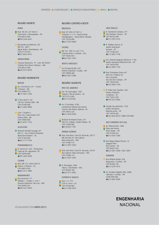 75MILLS ESTRUTURAS E SERVIÇOS DE ENGENHARIA S.A.
MILLSLOCK
DIVISÕES: CONSTRUÇÃO | SERVIÇOS INDUSTRIAIS | JAHU | RENTAL
REGIÃO NORTE
PARÁ
Rod. PA 275, s/nº KM 67
Zona Rural | Parauapebas – PA
CEP 68515-000
(94) 3346-4647
Rua jardim providência, 242
BR 316 - KM 4
Águas lindas / Ananindeua – PA
CEP 67110-440
(91) 8452-9615
AMAZONAS
Travessa Anduzeiro, 19 - Lote. Rio Piorini
Colônia Terra Nova / Manaus – AM
CEP 68515-000
(94) 3013-0078
REGIÃO NORDESTE
BAHIA
Av. Concêntrica, s/nº - Centro
Camaçari – BA
CEP 42800-972
(71) 3621-1366
V Dica Anel II, s/nº
CIA Sul / Simões Filho - BA
CEP 43700-000
(71) 3503-9900
Lote 1 Quadra 5
Dica Cia / Caixa Postal 3101
Simões Filho - BA
CEP 43900-000
(71) 8101-7725
ALAGOAS
Rodovia Divaldo Suruagy, s/nº
KM 12 – Via 2 Distrito Industrial
Marechal Deodoro – AL
CEP 57160-000
(82) 3177-5196
PERNAMBUCO
R. Interna 07, 645 – Pontezinha
Cabo de Sto. Agostinho / PE
CEP 54590-000
(81) 3463-9428
CEARÁ
Rod. BR 116, 5360 a KM 14
Pedras / Fortaleza – CE
CEP 60874-502
(85) 3311-3800
MARANHÃO
Rua dezesseis, nº1
Módulo 1, Quadra 1, Lote 1
Destrito Industrial / São Luís – MA
CEP 65090-267
(98) 3241-0969
REGIÃO CENTRO-OESTE
BRASÍLIA
Rod. DF 290 s/nº KM 1,2
Chácaras 11 e 12 - Núcleo Rural
Hortigranjeiro – Santa Maria / Brasília
CEP 72578-000
(61) 3233-6668
GOIÁS
BR 153 - KM 13, Lote 1112
Chácara Retiro / Goiânia – GO
CEP 74665-833
(62) 3261-3344
MATO GROSSO
Av. B Esquerda B/E, 632
Distrito Industrial / Cuiabá – MT
CEP 78098-280
(65) 3667-6300
REGIÃO SUDESTE
RIO DE JANEIRO
Estr. do Guerenguê, 1381
Taquara / Rio de Janeiro – RJ
CEP 22713-002
(21) 21324338
Av. 22 de Maio, 4100
Loteamento Manoel dos Santos
Oureiro das Pedras, Itaboraí – RJ
CEP 24812-222
(21) 3639-4920
Rodovia Presidente Dutra, s/nº
KM 316, Galpão / Jardim Itatiaia - RJ
CEP 27580-000
(31)3352-1796
MINAS GERAIS
Rod. Anel Rod. Celso M. Azevedo, 24277
BR 262 KM 24 / São Gabriel
Belo Horizonte – MG
CEP 31980-115
(31) 3507-3250
Rod. Anel Rod. Celso M. Azevedo, 24139
São Gabriel / Belo Horizonte – MG
CEP 31980-115
(31) 3507-3292
R. Nicarágua, 1656
Tibery / Uberlândia – MG
CEP 38405-100
(34) 3211-3003
ESPÍRITO SANTO
Rua 7, nº 170
Civit II / Serra – ES
CEP 29168-066
(27) 3338-3874
SÃO PAULO
R. Humberto Campos, 271
Vila Yolanda / Osasco – SP
CEP 06126-280
(11) 3787-4142
R. William Garcia, 61
Jardim Aclimação
Sumaré – SP
CEP 13180-624
(11) 3832-1148
Estr. Antonia Mugnato Marincek, 1150
Jardim Aeroporto Ribeirão Preto – SP
CEP 14078-405
(16) 3969-1140
Rod. Presidente Dutra s/nº
KM 154,7 Edificio 36
Rio Comprido
São José dos Campos – SP
CEP 14078-405
(16) 3969-1140
R. Padre José Quadros, 204
Parque Industrial
Campinas – SP
CEP 13031-530
(19) 3272-2846
Estrada das palmeiras, 1150
Jardim aeroporto
Ribeirão preto – SP
CEP 14078-405
(16) 3626-8516 / 0800-7051000
RIO GRANDE DO SUL
Av. Manoel Elias, 1480
Passo das Pedras
Porto Alegre – RS
CEP 91240-261
(51) 3342-1600
Rua Major Miguel Pereira, 16
Salgado Filho
Rio Grande – RS
CEP 96201-520
(53) 3201-3006 / 3201-3007
PARANÁ
Rua William Booth, 630
Boqueirão / Curitiba – PR
CEP 81650-120
(41) 3278-1815
Av. Senador Salgado Filho, 6008
Uberaba / Curitiba – PR
CEP81580-000
(41) 3045-4009
ATUALIZADO EM ABRIL/2013
ENGENHARIA
NACIONAL
 