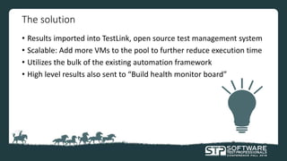 The solution
• Results imported into TestLink, open source test management system
• Scalable: Add more VMs to the pool to further reduce execution time
• Utilizes the bulk of the existing automation framework
• High level results also sent to “Build health monitor board”
 