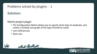 Problems solved by plugins - 1
Solution:
Matrix project plugin
• The Configuration Matrix allows you to specify what steps to duplicate, and
create a multiple-axis graph of the type of build to create
• User-defined axis
• Slave axis
 