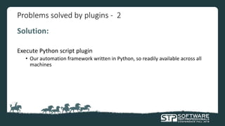 Problems solved by plugins - 2
Solution:
Execute Python script plugin
• Our automation framework written in Python, so readily available across all
machines
 