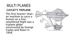 MULTI PLANES
CAYLEY’S TRIPLANE:
The first heavier-than-
air machine to carry a
human on a free,
untethered flight was a
triplane glider
constructed by George
Cayley and flown in
1848.
 