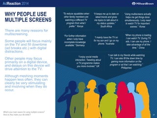 AdReaction 2014
WHY PEOPLE USE
MULTIPLE SCREENS
There are many reasons for
multiscreening.
Some people will focus mainly
o...