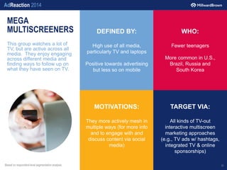 AdReaction 2014
MEGA
MULTISCREENERS
This group watches a lot of
TV, but are active across all
media. They enjoy engaging
a...