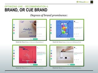 17
OPTIMIZING VINE – RECOMMENDATION 4:
BRAND, OR CUE BRAND
Degrees of brand prominence:
Watch the Vine at https://vine.co/v/MJl29m9FYnKWatch the Vine at https://vine.co/v/M5uZi5hhu7V
Watch the Vine at https://vine.co/v/Mvr6agaVuir Watch the Vine at https://vine.co/v/MreEAE6zE6m
 