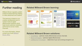 40
Further reading
Millward Brown regularly publish
evidence-based learning relating
to video placement and creative.
This learning is based on our
creative development and in-
market media & digital
effectiveness solutions which
help brands optimize marketing
performance across media
channels.
For more information, please
contact your local Millward
Brown office.
Related Millward Brown learning:
Related Millward Brown solutions:
• CrossMedia - optimize media effectiveness across channels
• Brand Lift Insights - optimize digital effectiveness
• LinkNow for TV & Digital – determine if your ad is strong enough to run
 