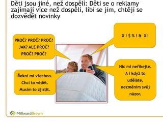 Děti jsou jiné, než dospělí: Děti se o reklamy
zajímají více než dospělí, líbí se jim, chtějí se
dozvědět novinky

                                         X ! $ % ! & X!
 PROČ? PROČ? PROČ?
  JAK? ALE PROČ?
   PROČ? PROČ?


                                        Nic mi neříkejte.
                                           A i když to
  Řekni mi všechno.
                                            uděláte,
    Chci to vědět.
                                        nezměním svůj
   Musím to zjistit.
                                             názor.
 