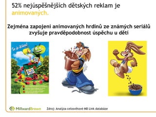 52% nejúspěšnějších dětských reklam je
 animovaných.

Zejména zapojení animovaných hrdinů ze známých seriálů
       zvyšuje pravděpodobnost úspěchu u dětí




              Zdroj: Analýza celosvětové MB Link databáze
 