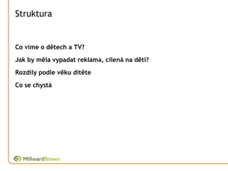 Struktura


Co víme o dětech a TV?
Jak by měla vypadat reklama, cílená na děti?
Rozdíly podle věku dítěte
Co se chystá
 