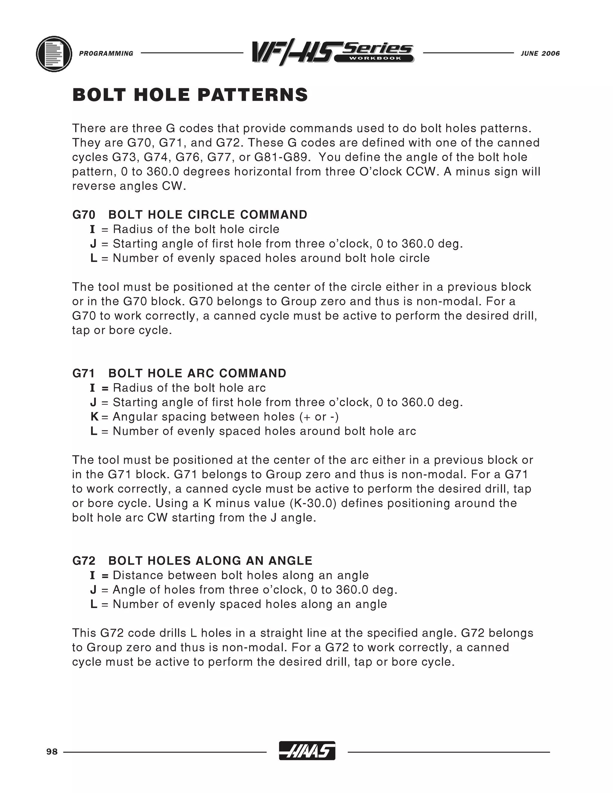 PROGRAMMING                                                                    JUNE 2006




     BOLT HOLE PATTERNS
     There are three G codes that provide commands used to do bolt holes patterns.
     They are G70, G71, and G72. These G codes are defined with one of the canned
     cycles G73, G74, G76, G77, or G81-G89. You define the angle of the bolt hole
     pattern, 0 to 360.0 degrees horizontal from three O'clock CCW. A minus sign will
     reverse angles CW.

     G70    BOLT HOLE CIRCLE COMMAND
       I   = Radius of the bolt hole circle
       J   = Starting angle of first hole from three o'clock, 0 to 360.0 deg.
       L   = Number of evenly spaced holes around bolt hole circle

     The tool must be positioned at the center of the circle either in a previous block
     or in the G70 block. G70 belongs to Group zero and thus is non-modal. For a
     G70 to work correctly, a canned cycle must be active to perform the desired drill,
     tap or bore cycle.


     G71 BOLT HOLE ARC COMMAND
       I = Radius of the bolt hole arc
       J = Starting angle of first hole from three o'clock, 0 to 360.0 deg.
       K = Angular spacing between holes (+ or -)
       L = Number of evenly spaced holes around bolt hole arc

     The tool must be positioned at the center of the arc either in a previous block or
     in the G71 block. G71 belongs to Group zero and thus is non-modal. For a G71
     to work correctly, a canned cycle must be active to perform the desired drill, tap
     or bore cycle. Using a K minus value (K-30.0) defines positioning around the
     bolt hole arc CW starting from the J angle.


     G72    BOLT HOLES ALONG AN ANGLE
       I   = Distance between bolt holes along an angle
       J   = Angle of holes from three o'clock, 0 to 360.0 deg.
       L   = Number of evenly spaced holes along an angle

     This G72 code drills L holes in a straight line at the specified angle. G72 belongs
     to Group zero and thus is non-modal. For a G72 to work correctly, a canned
     cycle must be active to perform the desired drill, tap or bore cycle.




98
 