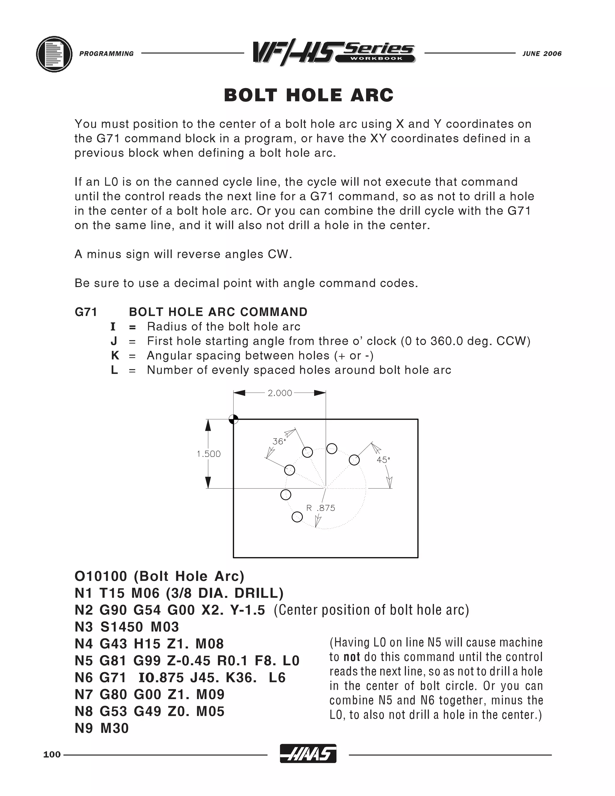 PROGRAMMING                                                                    JUNE 2006




                                BOLT HOLE ARC
      You must position to the center of a bolt hole arc using X and Y coordinates on
      the G71 command block in a program, or have the XY coordinates defined in a
      previous block when defining a bolt hole arc.

      If an L0 is on the canned cycle line, the cycle will not execute that command
      until the control reads the next line for a G71 command, so as not to drill a hole
      in the center of a bolt hole arc. Or you can combine the drill cycle with the G71
      on the same line, and it will also not drill a hole in the center.

      A minus sign will reverse angles CW.

      Be sure to use a decimal point with angle command codes.

      G71     BOLT HOLE ARC COMMAND
            I = Radius of the bolt hole arc
            J = First hole starting angle from three o' clock (0 to 360.0 deg. CCW)
            K = Angular spacing between holes (+ or -)
            L = Number of evenly spaced holes around bolt hole arc




      O10100 (Bolt Hole Arc)
      N1 T15 M06 (3/8 DIA. DRILL)
      N2 G90 G54 G00 X2. Y-1.5 (Center position of bolt hole arc)
      N3 S1450 M03
      N4 G43 H15 Z1. M08
      N5 G81 G99 Z-0.45 R0.1 F8. L0
                                        (Having L0 on line N5 will cause machine

      N6 G71 I0.875 J45. K36. L6
                                        to not do this command until the control


      N7 G80 G00 Z1. M09
                                        reads the next line, so as not to drill a hole


      N8 G53 G49 Z0. M05
                                        in the center of bolt circle. Or you can


      N9 M30
                                        combine N5 and N6 together, minus the
                                        L0, to also not drill a hole in the center.)


100
 