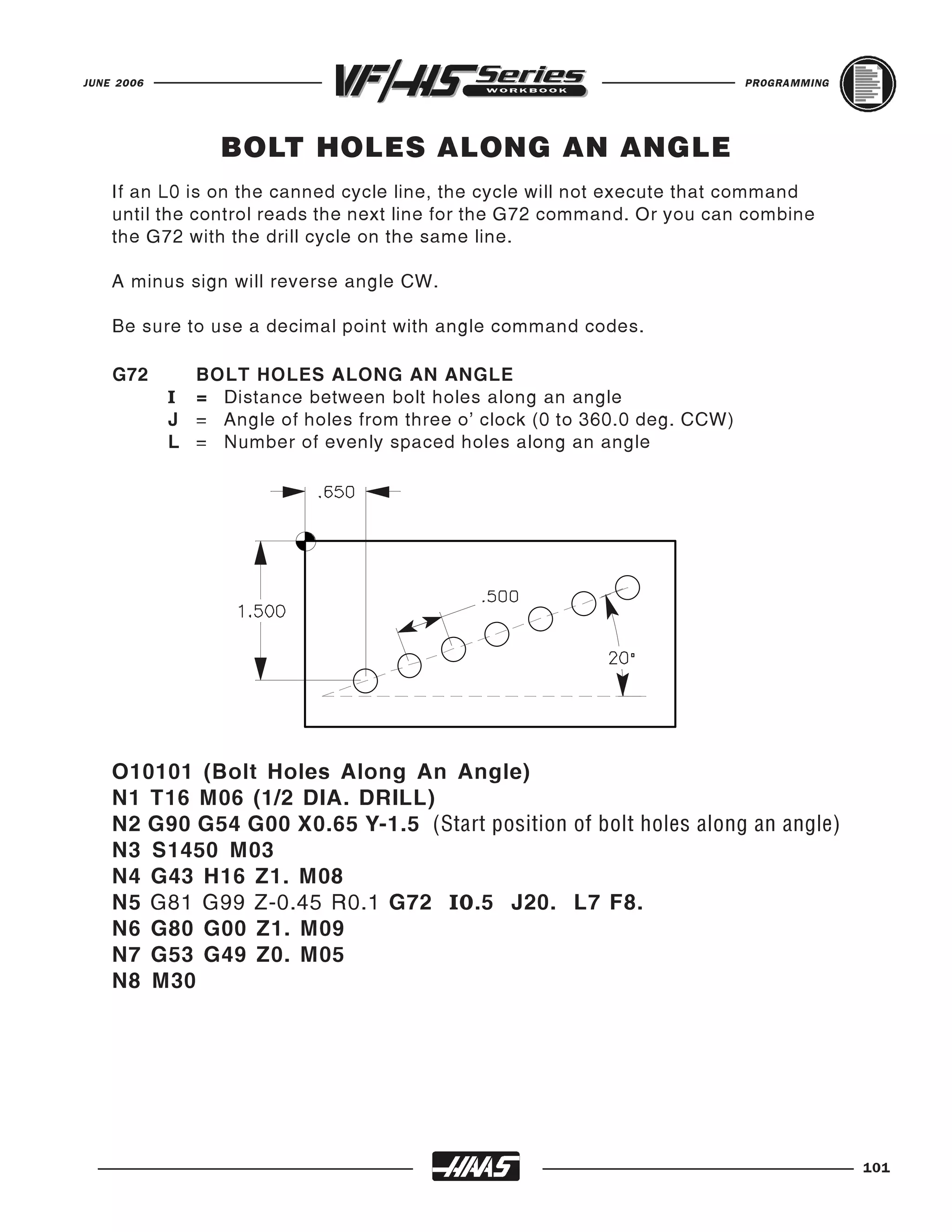 JUNE 2006                                                                  PROGRAMMING




                 BOLT HOLES ALONG AN ANGLE
    If an L0 is on the canned cycle line, the cycle will not execute that command
    until the control reads the next line for the G72 command. Or you can combine
    the G72 with the drill cycle on the same line.

    A minus sign will reverse angle CW.

    Be sure to use a decimal point with angle command codes.

    G72       BOLT HOLES ALONG AN ANGLE
            I = Distance between bolt holes along an angle
            J = Angle of holes from three o' clock (0 to 360.0 deg. CCW)
            L = Number of evenly spaced holes along an angle




    O10101 (Bolt Holes Along An Angle)
    N1 T16 M06 (1/2 DIA. DRILL)
    N2 G90 G54 G00 X0.65 Y-1.5 (Start position of bolt holes along an angle)
    N3 S1450 M03
    N4 G43 H16 Z1. M08
    N5 G81 G99 Z-0.45 R0.1 G72 I0.5 J20. L7 F8.
    N6 G80 G00 Z1. M09
    N7 G53 G49 Z0. M05
    N8 M30




                                                                                         101
 