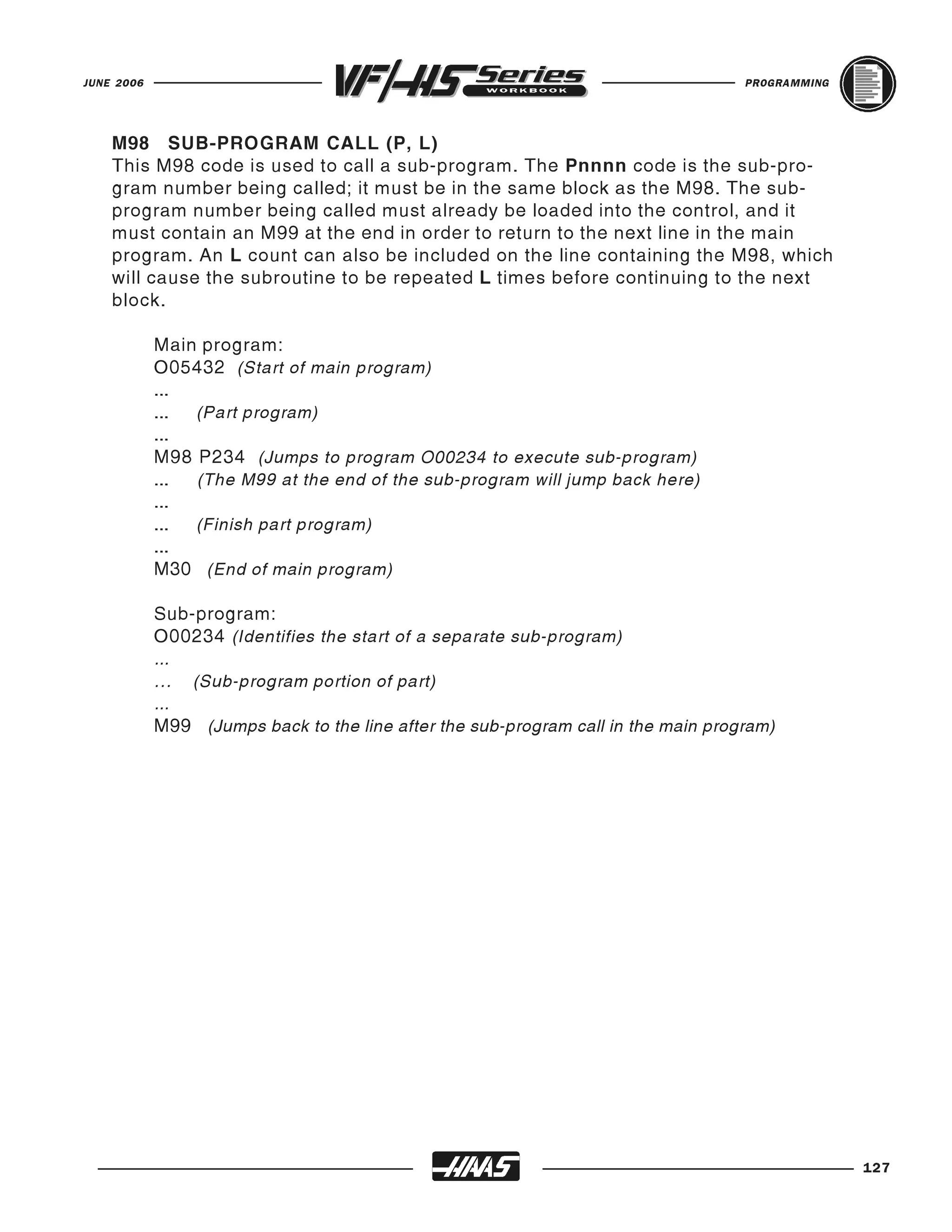 JUNE 2006                                                                          PROGRAMMING




    M98 SUB-PROGRAM CALL (P, L)
    This M98 code is used to call a sub-program. The Pnnnn code is the sub-pro-
    gram number being called; it must be in the same block as the M98. The sub-
    program number being called must already be loaded into the control, and it
    must contain an M99 at the end in order to return to the next line in the main
    program. An L count can also be included on the line containing the M98, which
    will cause the subroutine to be repeated L times before continuing to the next
    block.

            Main program:
            O05432 (Start of main program)
            ...
            ... (Part program)
            ...
            M98 P234 (Jumps to program O00234 to execute sub-program)
            ... (The M99 at the end of the sub-program will jump back here)
            ...
            ... (Finish part program)
            ...
            M30 (End of main program)

            Sub-program:
            O00234 (Identifies the start of a separate sub-program)
            ...
            ... (Sub-program portion of part)
            ...
            M99 (Jumps back to the line after the sub-program call in the main program)




                                                                                                 127
 