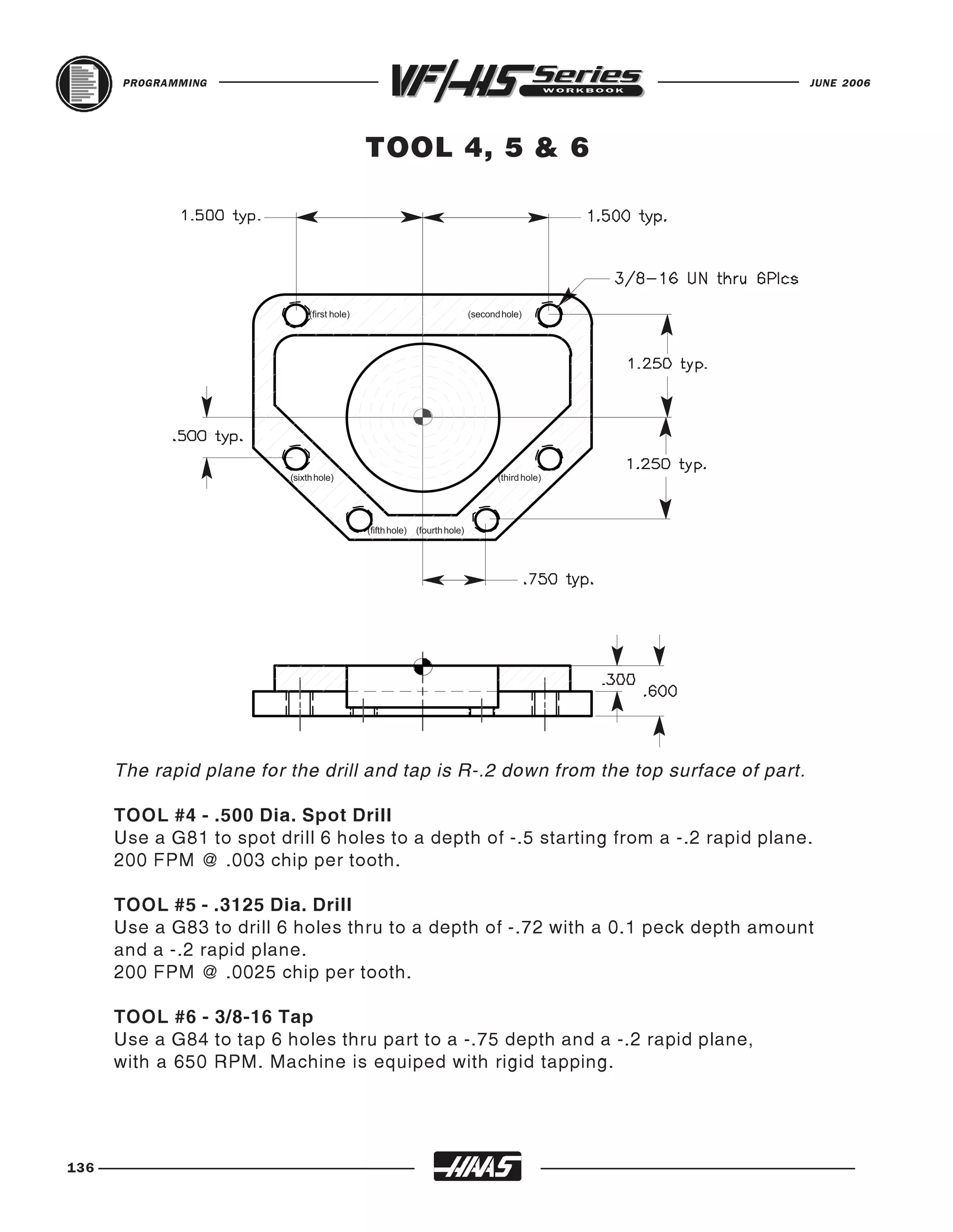 PROGRAMMING                                                                                 JUNE 2006




                                              TOOL 4, 5 & 6




                               (first hole)                                  (second hole)




                          (sixth hole)                                              (third hole)




                                              (fifth hole)   (fourth hole)




      The rapid plane for the drill and tap is R-.2 down from the top surface of part.

      TOOL #4 - .500 Dia. Spot Drill
      Use a G81 to spot drill 6 holes to a depth of -.5 starting from a -.2 rapid plane.
      200 FPM @ .003 chip per tooth.

      TOOL #5 - .3125 Dia. Drill
      Use a G83 to drill 6 holes thru to a depth of -.72 with a 0.1 peck depth amount
      and a -.2 rapid plane.
      200 FPM @ .0025 chip per tooth.

      TOOL #6 - 3/8-16 Tap
      Use a G84 to tap 6 holes thru part to a -.75 depth and a -.2 rapid plane,
      with a 650 RPM. Machine is equiped with rigid tapping.




136
 