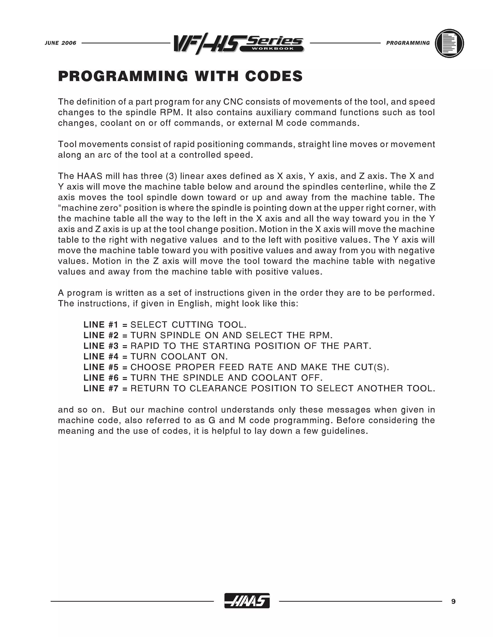 JUNE 2006                                                                          PROGRAMMING




   PROGRAMMING WITH CODES
   The definition of a part program for any CNC consists of movements of the tool, and speed
   changes to the spindle RPM. It also contains auxiliary command functions such as tool
   changes, coolant on or off commands, or external M code commands.

   Tool movements consist of rapid positioning commands, straight line moves or movement
   along an arc of the tool at a controlled speed.

   The HAAS mill has three (3) linear axes defined as X axis, Y axis, and Z axis. The X and
   Y axis will move the machine table below and around the spindles centerline, while the Z
   axis moves the tool spindle down toward or up and away from the machine table. The
   "machine zero" position is where the spindle is pointing down at the upper right corner, with
   the machine table all the way to the left in the X axis and all the way toward you in the Y
   axis and Z axis is up at the tool change position. Motion in the X axis will move the machine
   table to the right with negative values and to the left with positive values. The Y axis will
   move the machine table toward you with positive values and away from you with negative
   values. Motion in the Z axis will move the tool toward the machine table with negative
   values and away from the machine table with positive values.

   A program is written as a set of instructions given in the order they are to be performed.
   The instructions, if given in English, might look like this:

            LINE   #1   =   SELECT CUTTING TOOL.
            LINE   #2   =   TURN SPINDLE ON AND SELECT THE RPM.
            LINE   #3   =   RAPID TO THE STARTING POSITION OF THE PART.
            LINE   #4   =   TURN COOLANT ON.
            LINE   #5   =   CHOOSE PROPER FEED RATE AND MAKE THE CUT(S).
            LINE   #6   =   TURN THE SPINDLE AND COOLANT OFF.
            LINE   #7   =   RETURN TO CLEARANCE POSITION TO SELECT ANOTHER TOOL.

   and so on. But our machine control understands only these messages when given in
   machine code, also referred to as G and M code programming. Before considering the
   meaning and the use of codes, it is helpful to lay down a few guidelines.




                                                                                                   9
 