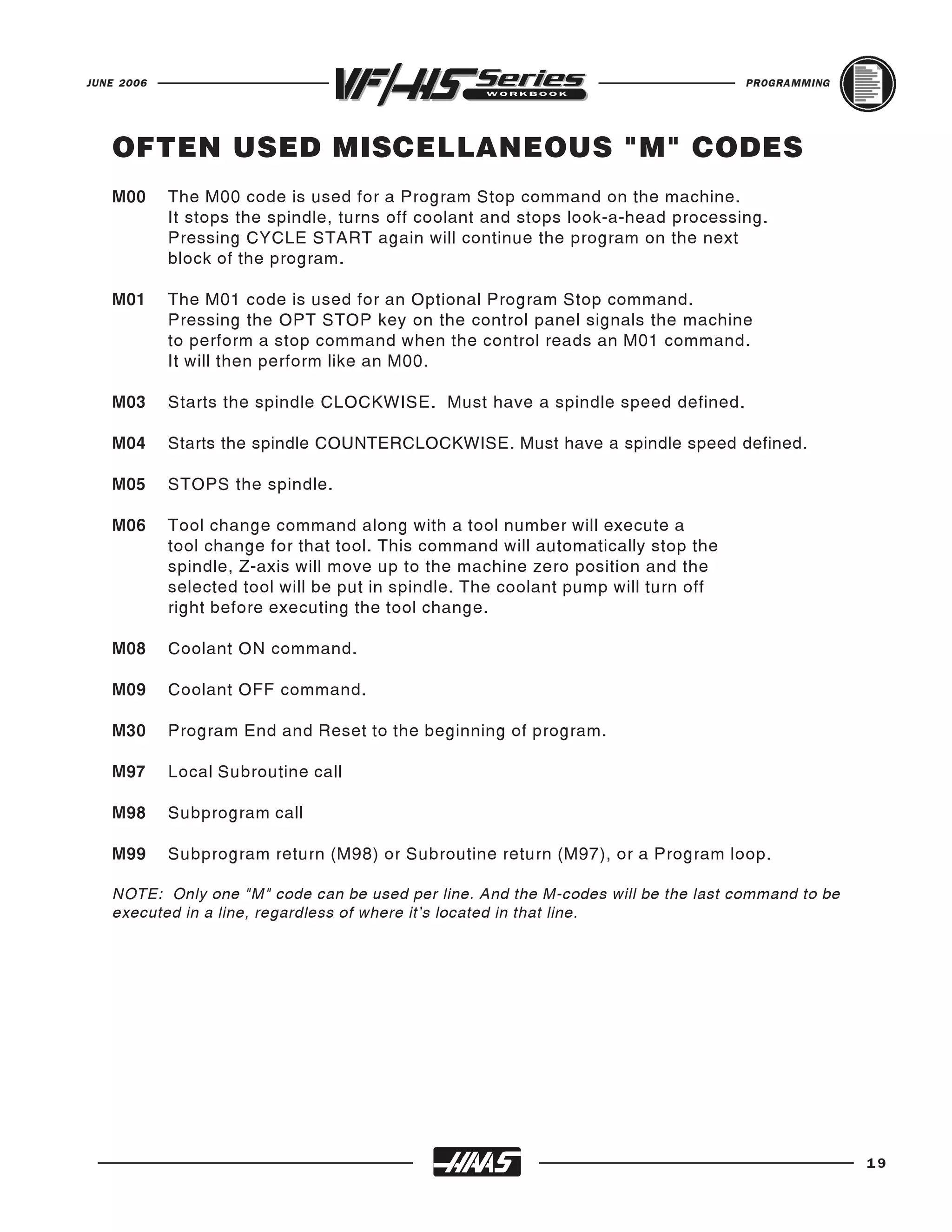 JUNE 2006                                                                          PROGRAMMING




   OFTEN USED MISCELLANEOUS "M" CODES
   M00      The M00 code is used for a Program Stop command on the machine.
            It stops the spindle, turns off coolant and stops look-a-head processing.
            Pressing CYCLE START again will continue the program on the next
            block of the program.

   M01      The M01 code is used for an Optional Program Stop command.
            Pressing the OPT STOP key on the control panel signals the machine
            to perform a stop command when the control reads an M01 command.
            It will then perform like an M00.

   M03      Starts the spindle CLOCKWISE. Must have a spindle speed defined.

   M04      Starts the spindle COUNTERCLOCKWISE. Must have a spindle speed defined.

   M05      STOPS the spindle.

   M06      Tool change command along with a tool number will execute a
            tool change for that tool. This command will automatically stop the
            spindle, Z-axis will move up to the machine zero position and the
            selected tool will be put in spindle. The coolant pump will turn off
            right before executing the tool change.

   M08      Coolant ON command.

   M09      Coolant OFF command.

   M30      Program End and Reset to the beginning of program.

   M97      Local Subroutine call

   M98      Subprogram call

   M99      Subprogram return (M98) or Subroutine return (M97), or a Program loop.

   NOTE: Only one "M" code can be used per line. And the M-codes will be the last command to be
   executed in a line, regardless of where it's located in that line.




                                                                                                  19
 