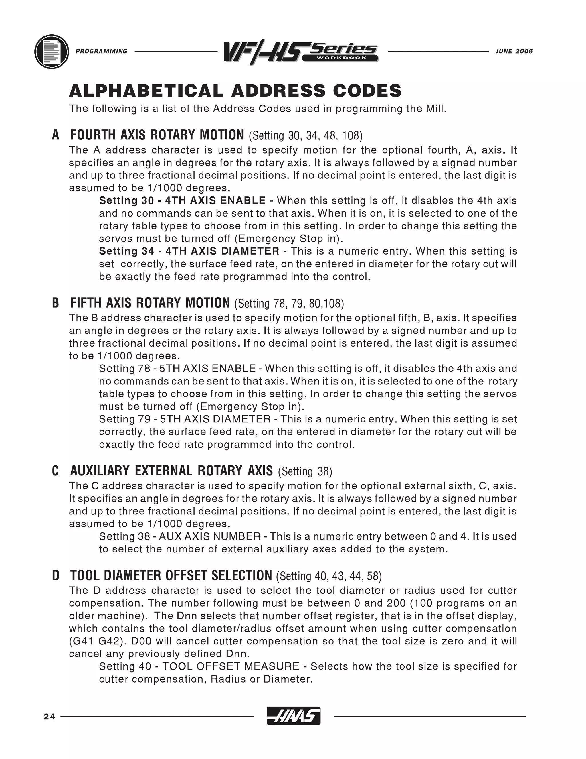 PROGRAMMING                                                                              JUNE 2006




     ALPHABETICAL ADDRESS CODES
     The following is a list of the Address Codes used in programming the Mill.


     The A address character is used to specify motion for the optional fourth, A, axis. It
 A FOURTH AXIS ROTARY MOTION (Setting 30, 34, 48, 108)
     specifies an angle in degrees for the rotary axis. It is always followed by a signed number
     and up to three fractional decimal positions. If no decimal point is entered, the last digit is
     assumed to be 1/1000 degrees.
           Setting 30 - 4TH AXIS ENABLE - When this setting is off, it disables the 4th axis
           and no commands can be sent to that axis. When it is on, it is selected to one of the
           rotary table types to choose from in this setting. In order to change this setting the
           servos must be turned off (Emergency Stop in).
           Setting 34 - 4TH AXIS DIAMETER - This is a numeric entry. When this setting is
           set correctly, the surface feed rate, on the entered in diameter for the rotary cut will
           be exactly the feed rate programmed into the control.


     The B address character is used to specify motion for the optional fifth, B, axis. It specifies
 B FIFTH AXIS ROTARY MOTION (Setting 78, 79, 80,108)
     an angle in degrees or the rotary axis. It is always followed by a signed number and up to
     three fractional decimal positions. If no decimal point is entered, the last digit is assumed
     to be 1/1000 degrees.
           Setting 78 - 5TH AXIS ENABLE - When this setting is off, it disables the 4th axis and
           no commands can be sent to that axis. When it is on, it is selected to one of the rotary
           table types to choose from in this setting. In order to change this setting the servos
           must be turned off (Emergency Stop in).
           Setting 79 - 5TH AXIS DIAMETER - This is a numeric entry. When this setting is set
           correctly, the surface feed rate, on the entered in diameter for the rotary cut will be
           exactly the feed rate programmed into the control.


     The C address character is used to specify motion for the optional external sixth, C, axis.
 C AUXILIARY EXTERNAL ROTARY AXIS (Setting 38)
     It specifies an angle in degrees for the rotary axis. It is always followed by a signed number
     and up to three fractional decimal positions. If no decimal point is entered, the last digit is
     assumed to be 1/1000 degrees.
           Setting 38 - AUX AXIS NUMBER - This is a numeric entry between 0 and 4. It is used
           to select the number of external auxiliary axes added to the system.


     The D address character is used to select the tool diameter or radius used for cutter
 D TOOL DIAMETER OFFSET SELECTION (Setting 40, 43, 44, 58)
     compensation. The number following must be between 0 and 200 (100 programs on an
     older machine). The Dnn selects that number offset register, that is in the offset display,
     which contains the tool diameter/radius offset amount when using cutter compensation
     (G41 G42). D00 will cancel cutter compensation so that the tool size is zero and it will
     cancel any previously defined Dnn.
           Setting 40 - TOOL OFFSET MEASURE - Selects how the tool size is specified for
           cutter compensation, Radius or Diameter.


24
 